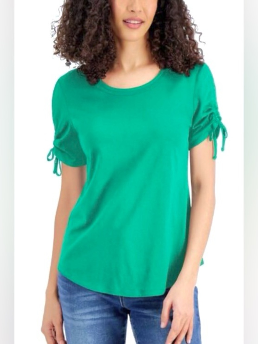 Karen Scott L NWT Green Short Ruched Sleeve Top Cotton Modal Blend